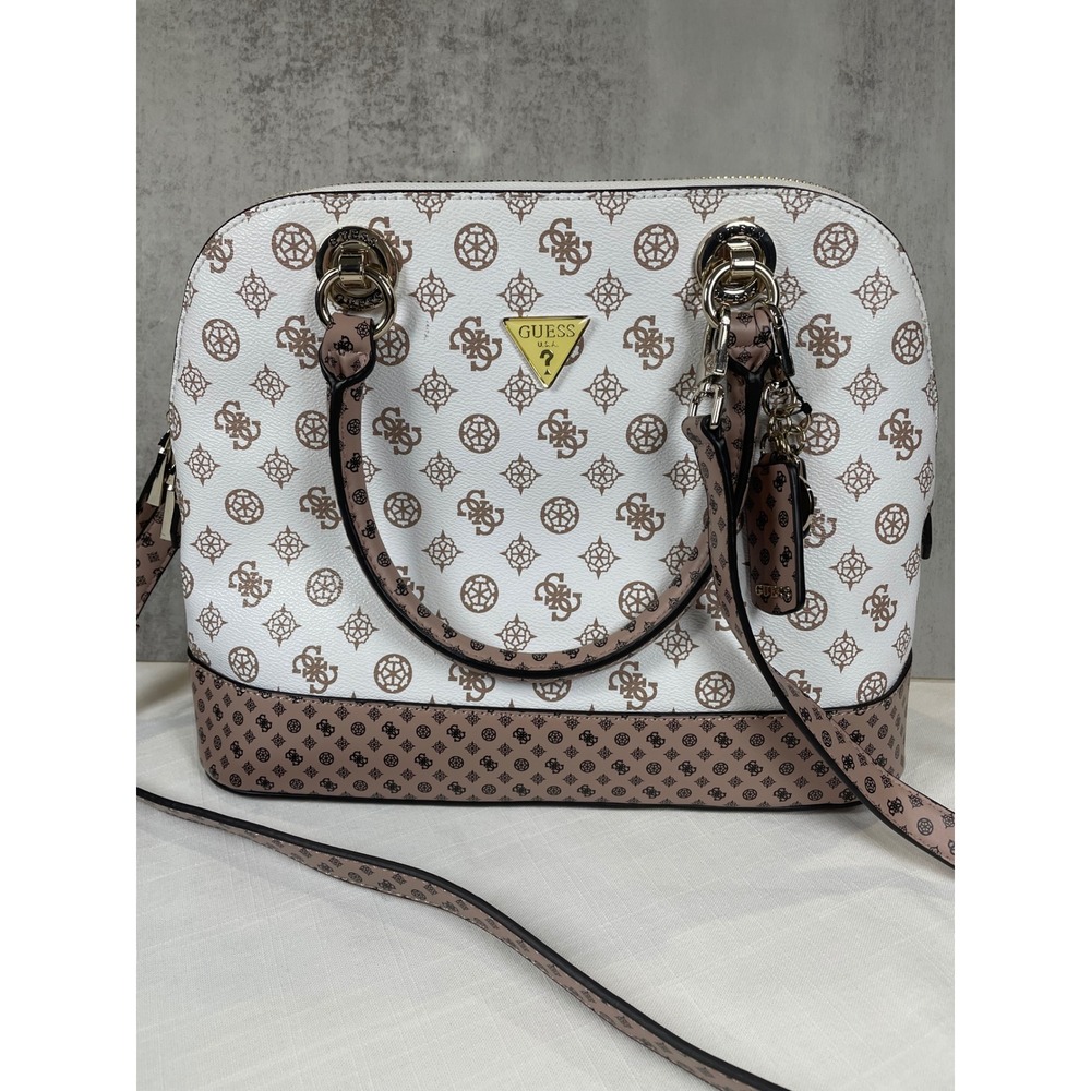 Guess Bella Vita Dome Satchel Handbag White Brown Logo Print Convertible Strap - Picture 2 of 15